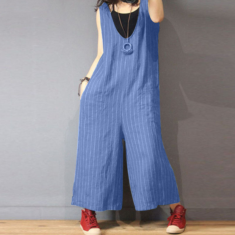 Blue ladies/women Trousers Striped Cotton Overalls/Dungarees with adjustable straps & pockets