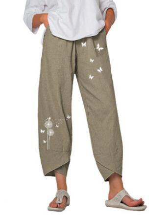 Khaki Summer stylish and comfortable cotton women's trousers with butterfly's, soft loose and breathable