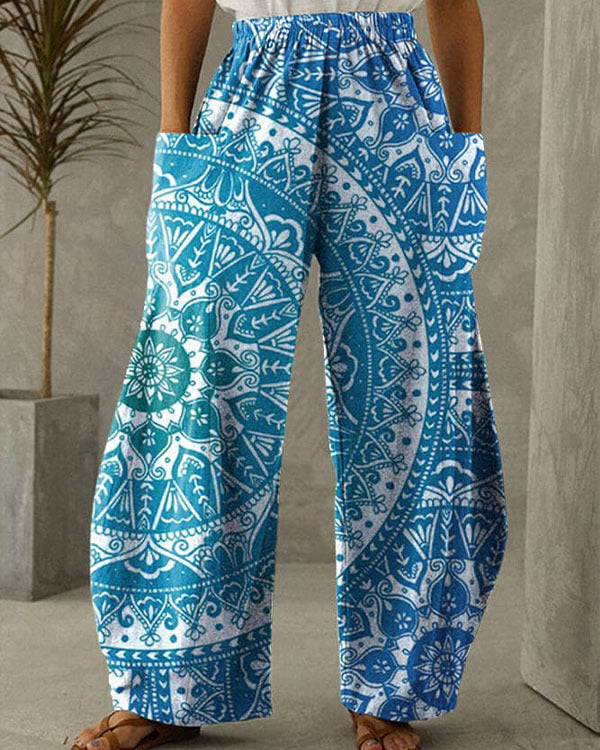 Mandela print blue/turquoise loose, high waist elastic waist with pockets