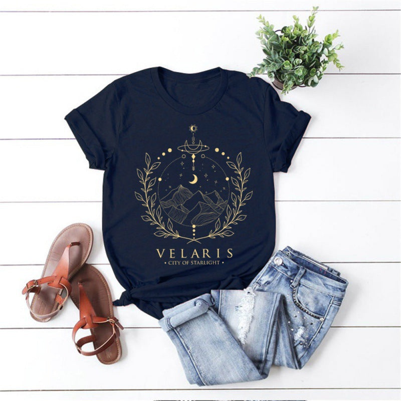 Royal Blue cotton Ladies T Shirt with yellow nature inspired graphic