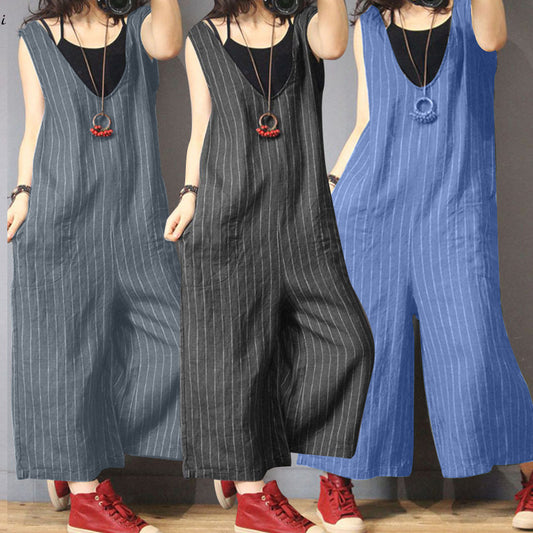 Ladies/women Trousers Striped Cotton Overalls/Dungarees with adjustable straps & pockets