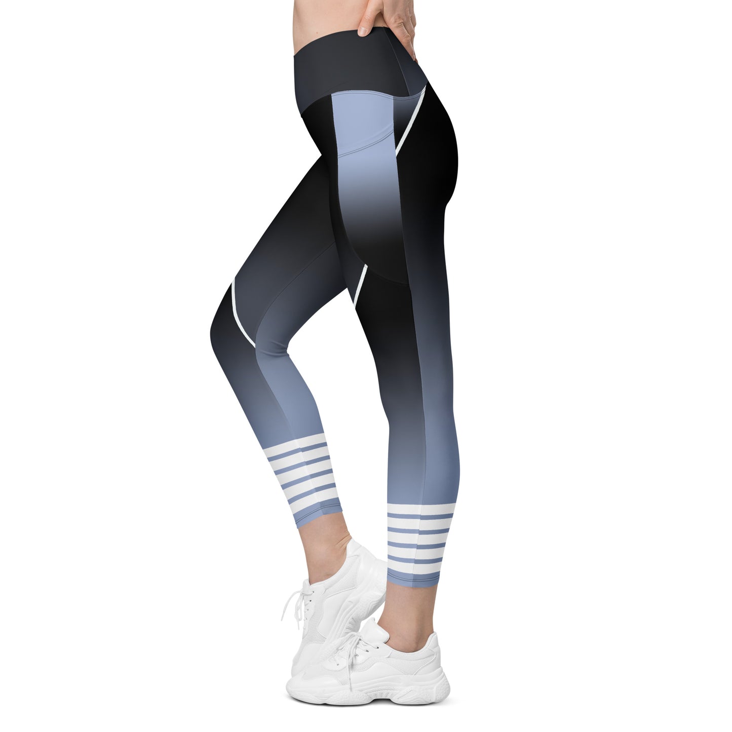 Left side view Gillian Grace Crossover Leggings with Pockets Storm Dark Blue fade to light grey, white highlights on calves and slimming highlights on pockets and thighs