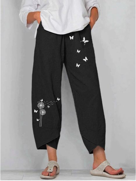 Ladies' No Birds Trousers Cotton And Linen Thin Loose-Fitting Summer Butterfly