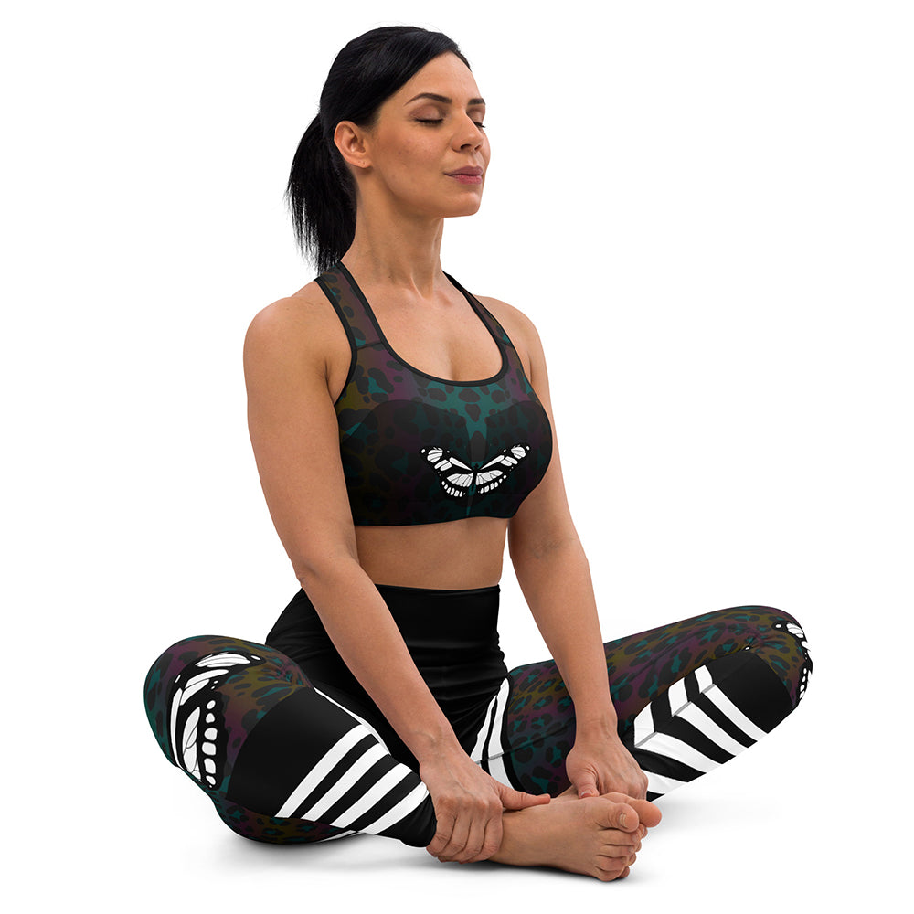 matching Set Dark Butterfly High Waisted Leggings & Sports Bra Sitting Front