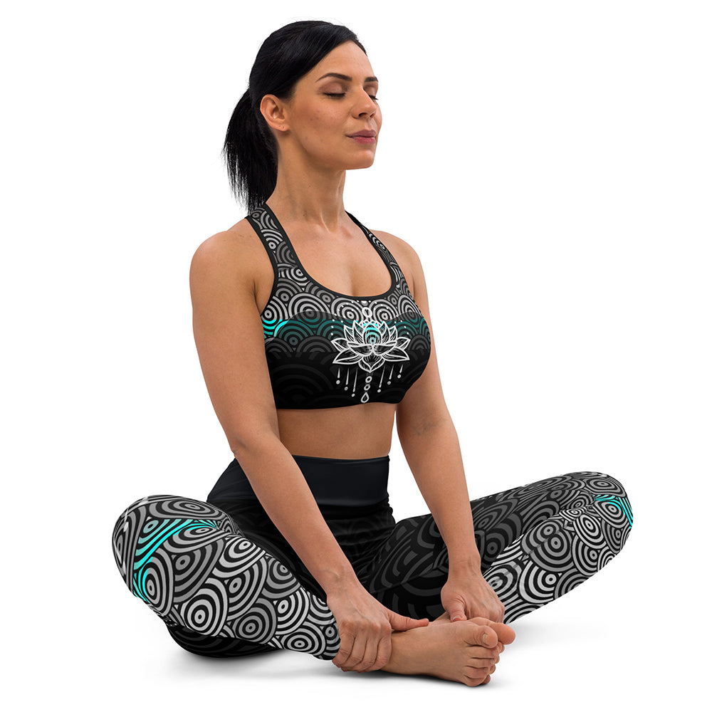 matching set Ebony High Waisted Leggings & Sports Bra Sitting Front